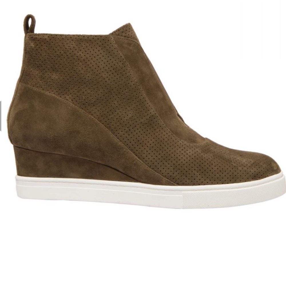 Linea Paolo ANNA. Low Heel Wedge Sneaker Dark Olive Perforated Suede